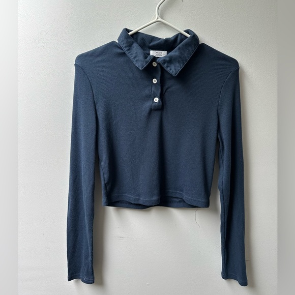 Ardene Long Sleeve Navy Button Up Crop Top with White Buttons - Picture 2 of 4